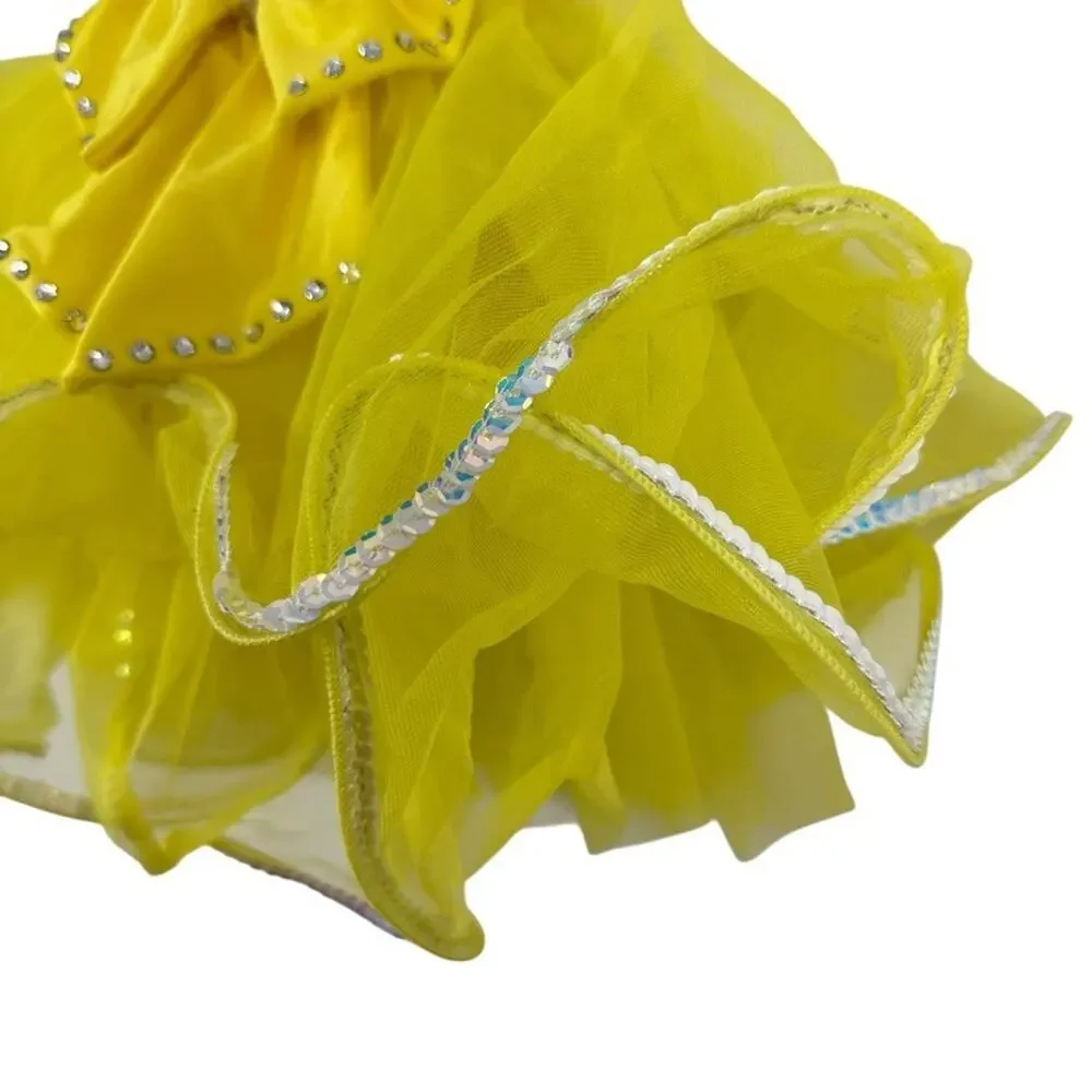 Weissman Yellow Rhinestone Sequin Tulle Dance Costume Dress & Hair Bow sz XS C